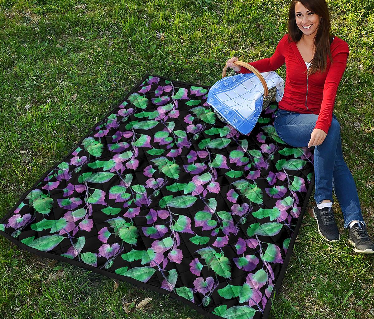 Purple And Green Leaf Pattern Print Quilt