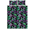 Purple And Green Leaf Pattern Print Quilt Bed Set
