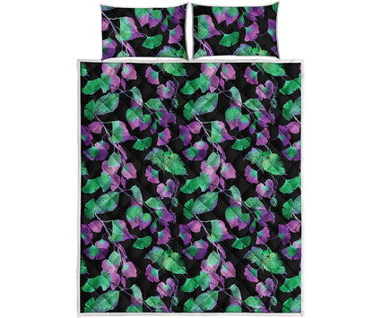 Purple And Green Leaf Pattern Print Quilt Bed Set