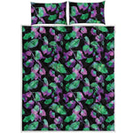 Purple And Green Leaf Pattern Print Quilt Bed Set