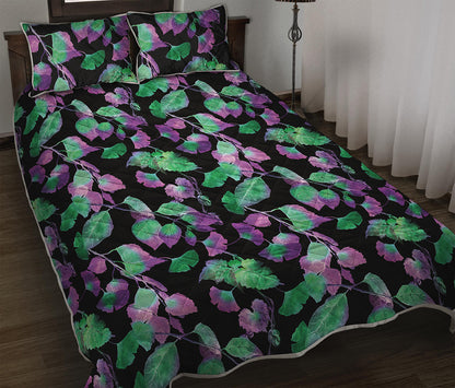 Purple And Green Leaf Pattern Print Quilt Bed Set