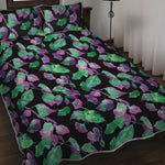 Purple And Green Leaf Pattern Print Quilt Bed Set