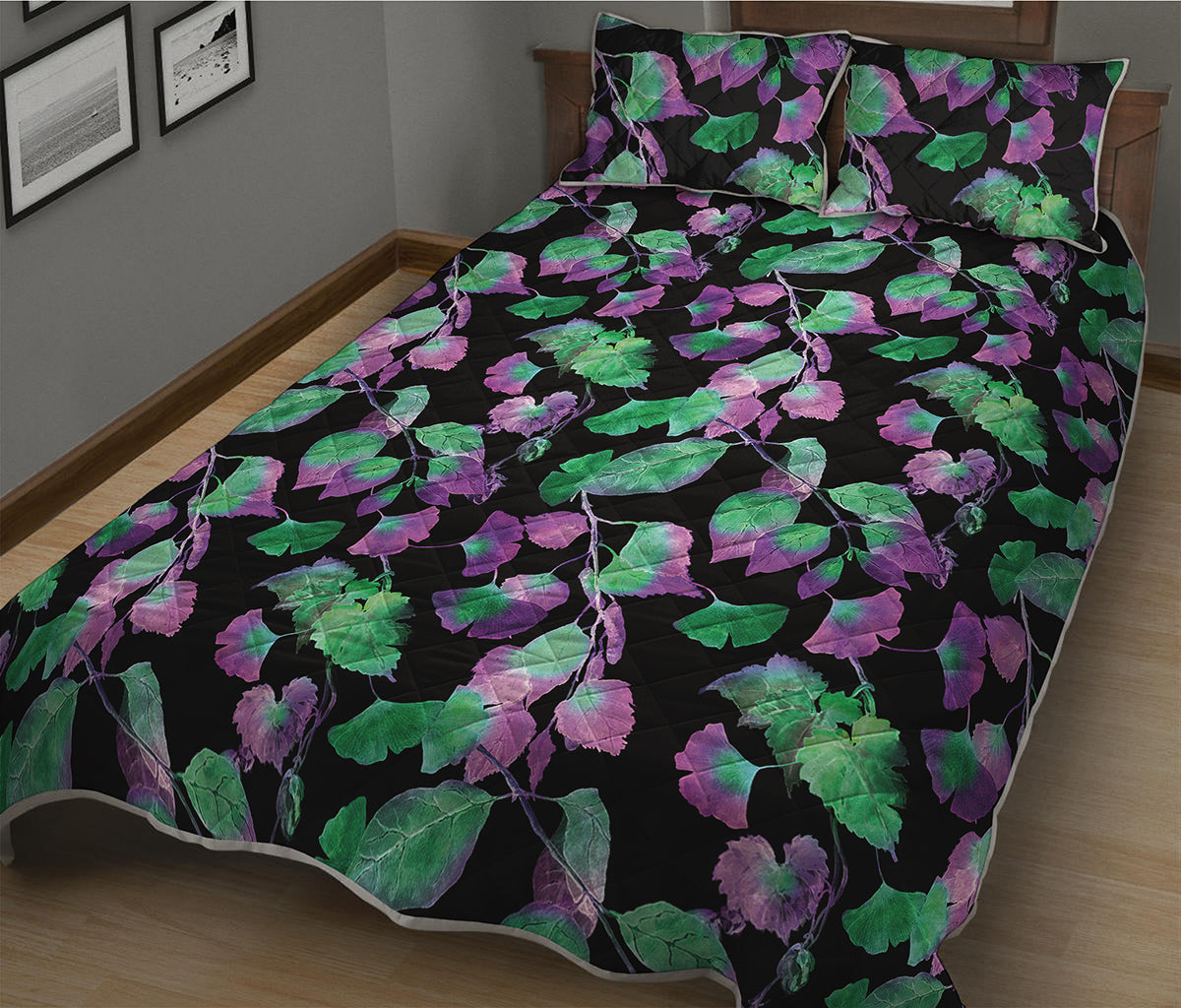 Purple And Green Leaf Pattern Print Quilt Bed Set