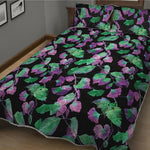 Purple And Green Leaf Pattern Print Quilt Bed Set