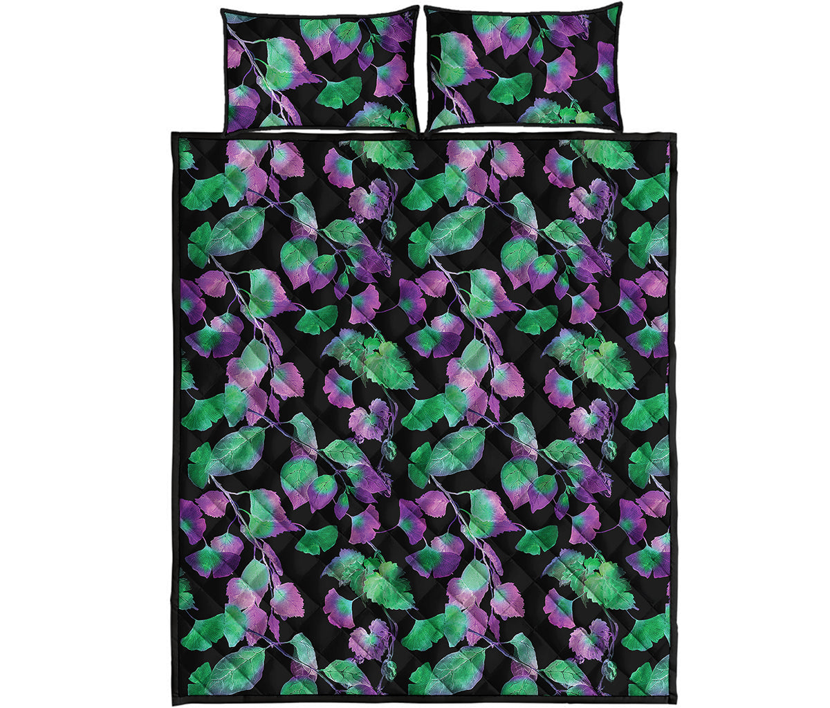 Purple And Green Leaf Pattern Print Quilt Bed Set