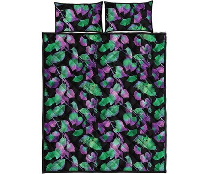 Purple And Green Leaf Pattern Print Quilt Bed Set