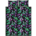 Purple And Green Leaf Pattern Print Quilt Bed Set