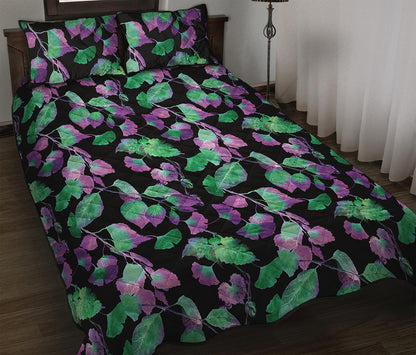 Purple And Green Leaf Pattern Print Quilt Bed Set