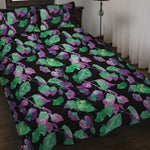 Purple And Green Leaf Pattern Print Quilt Bed Set