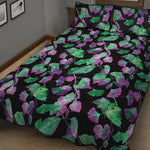 Purple And Green Leaf Pattern Print Quilt Bed Set