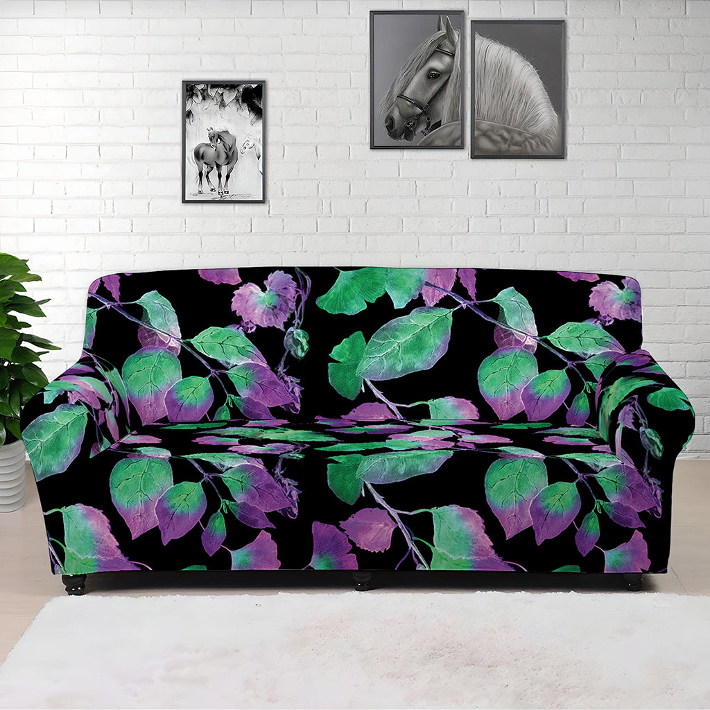 Purple And Green Leaf Pattern Print Sofa Cover