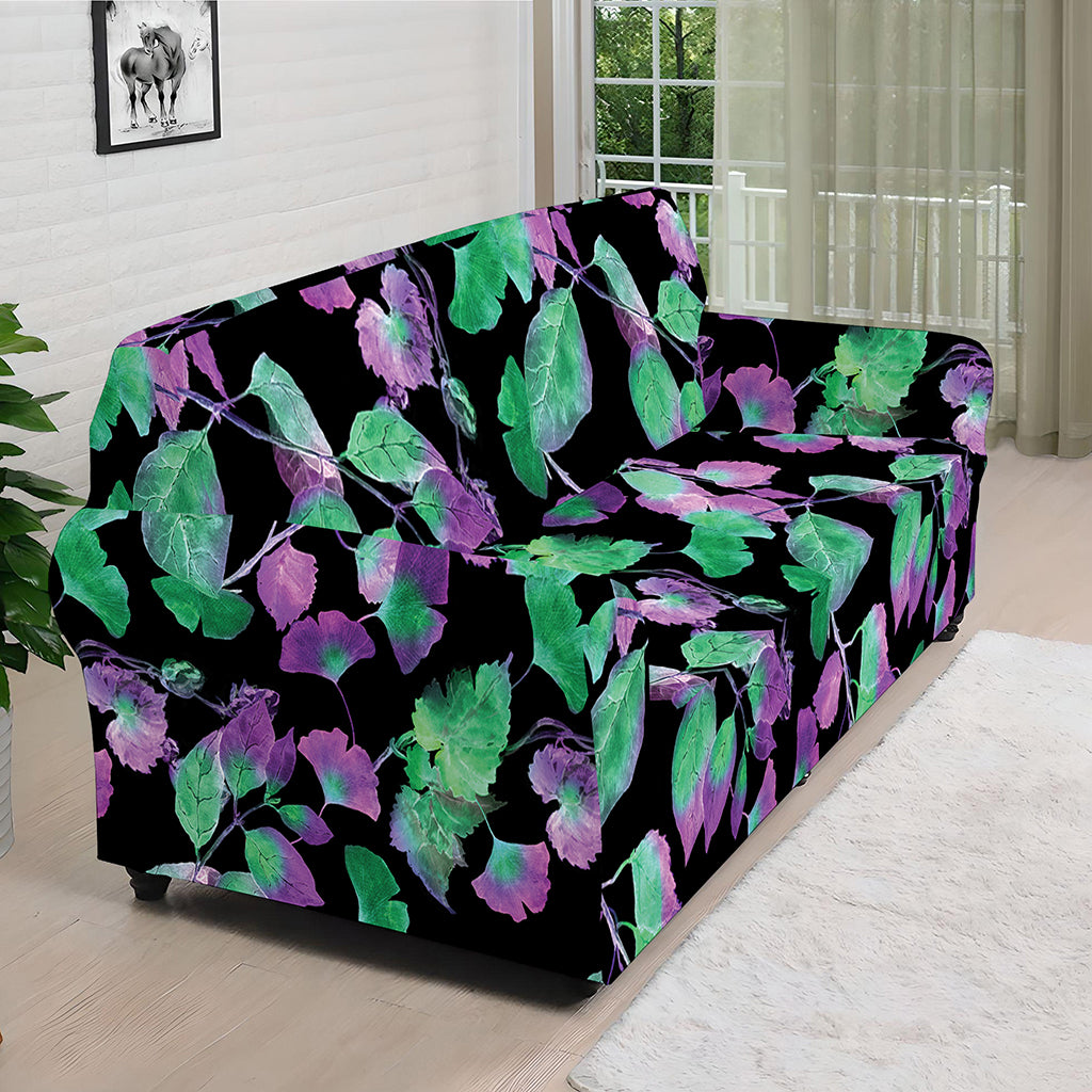 Purple And Green Leaf Pattern Print Sofa Cover