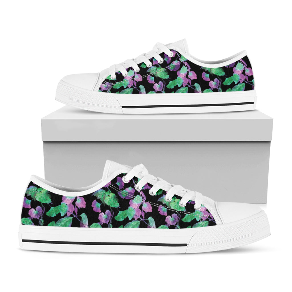 Purple And Green Leaf Pattern Print White Low Top Shoes