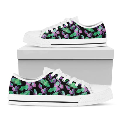 Purple And Green Leaf Pattern Print White Low Top Shoes