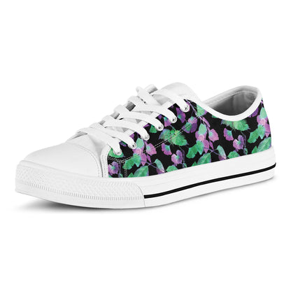 Purple And Green Leaf Pattern Print White Low Top Shoes