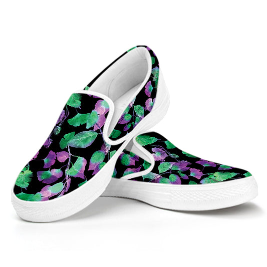 Purple And Green Leaf Pattern Print White Slip On Shoes