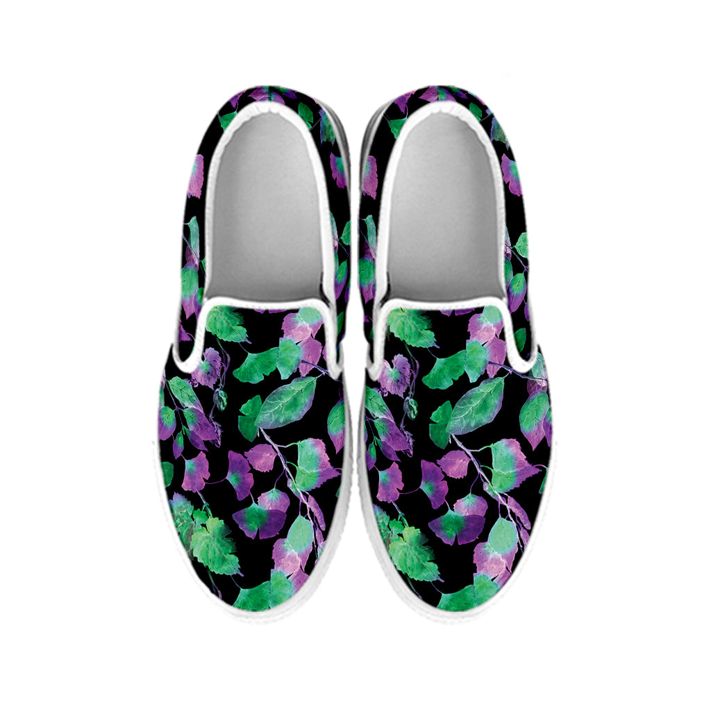 Purple And Green Leaf Pattern Print White Slip On Shoes