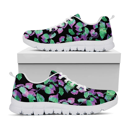 Purple And Green Leaf Pattern Print White Sneakers