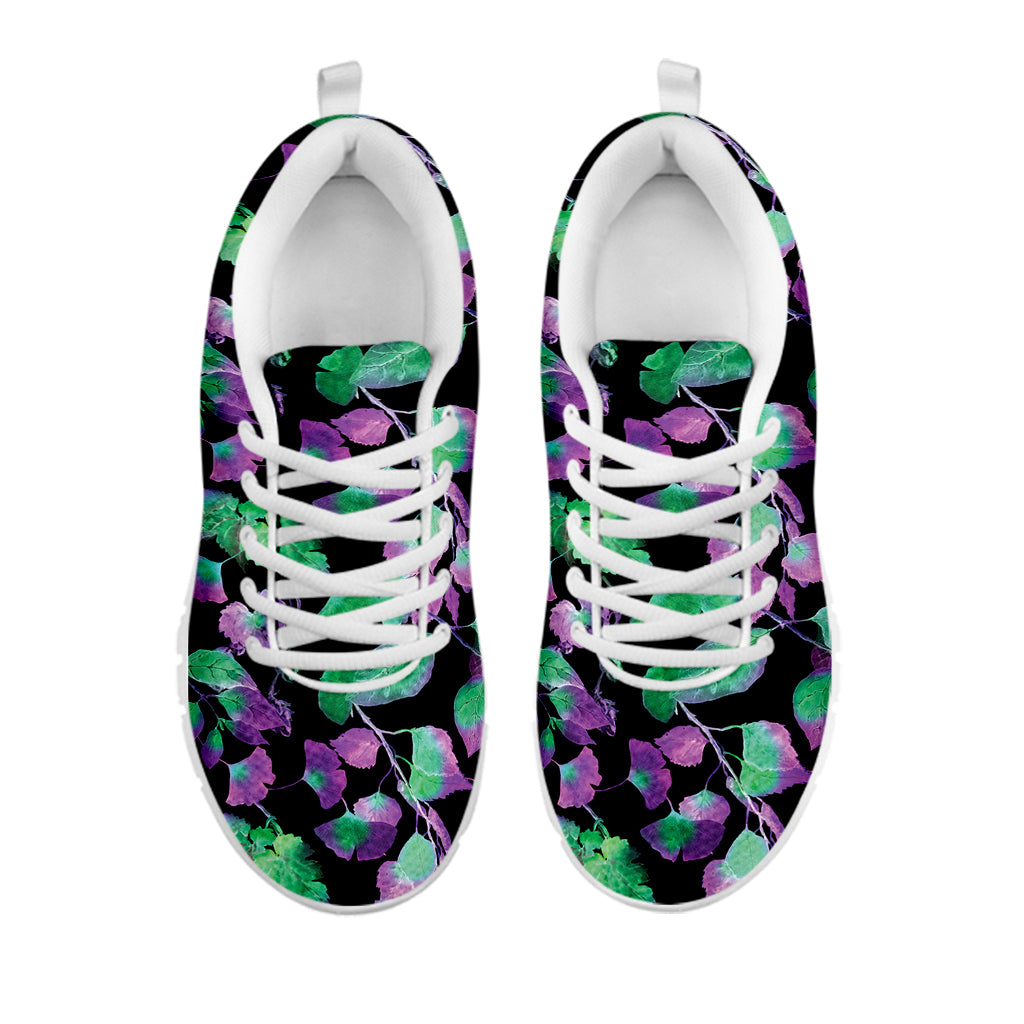 Purple And Green Leaf Pattern Print White Sneakers