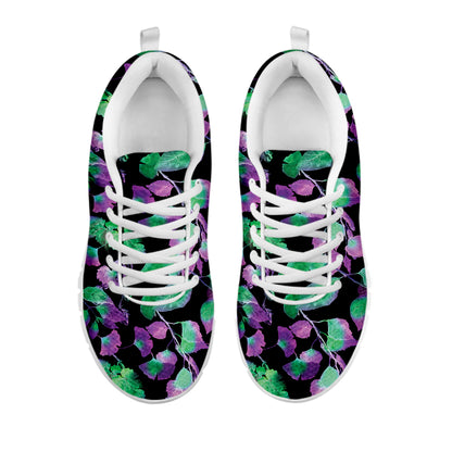 Purple And Green Leaf Pattern Print White Sneakers