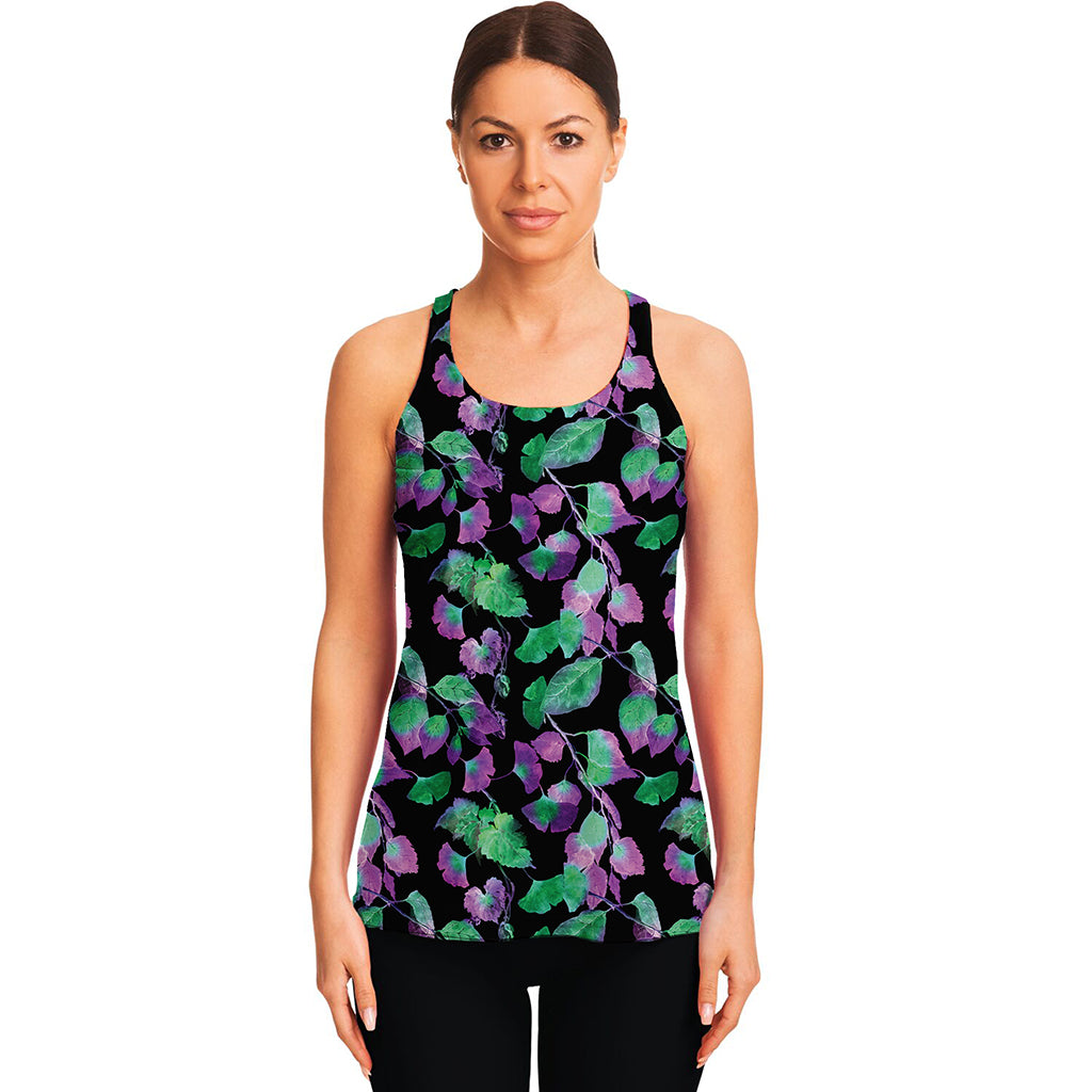 Purple And Green Leaf Pattern Print Women's Racerback Tank Top