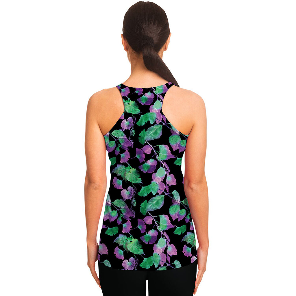 Purple And Green Leaf Pattern Print Women's Racerback Tank Top