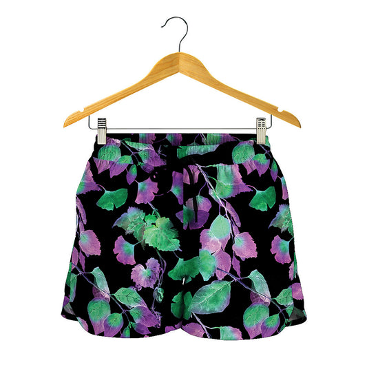 Purple And Green Leaf Pattern Print Women's Shorts