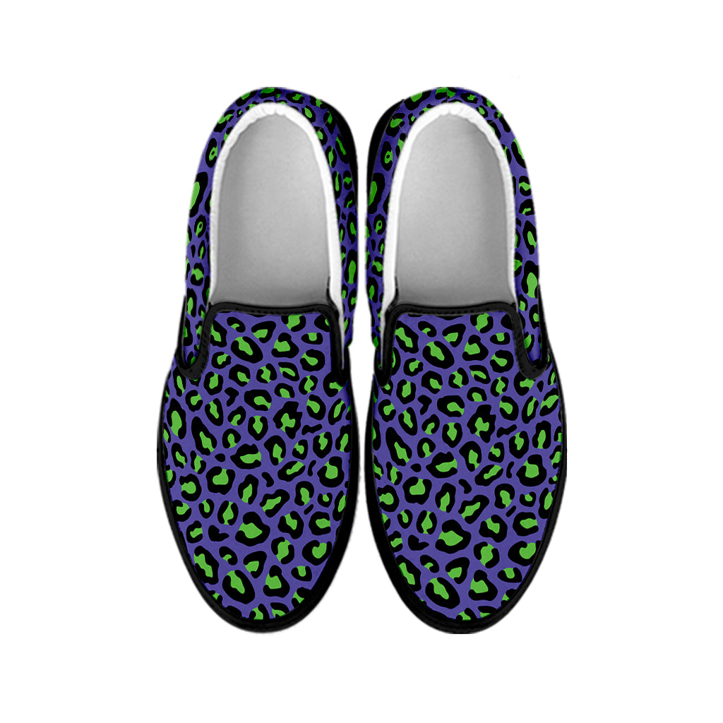 Purple And Green Leopard Pattern Print Black Slip On Shoes