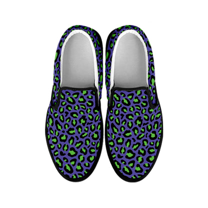 Purple And Green Leopard Pattern Print Black Slip On Shoes