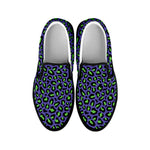 Purple And Green Leopard Pattern Print Black Slip On Shoes