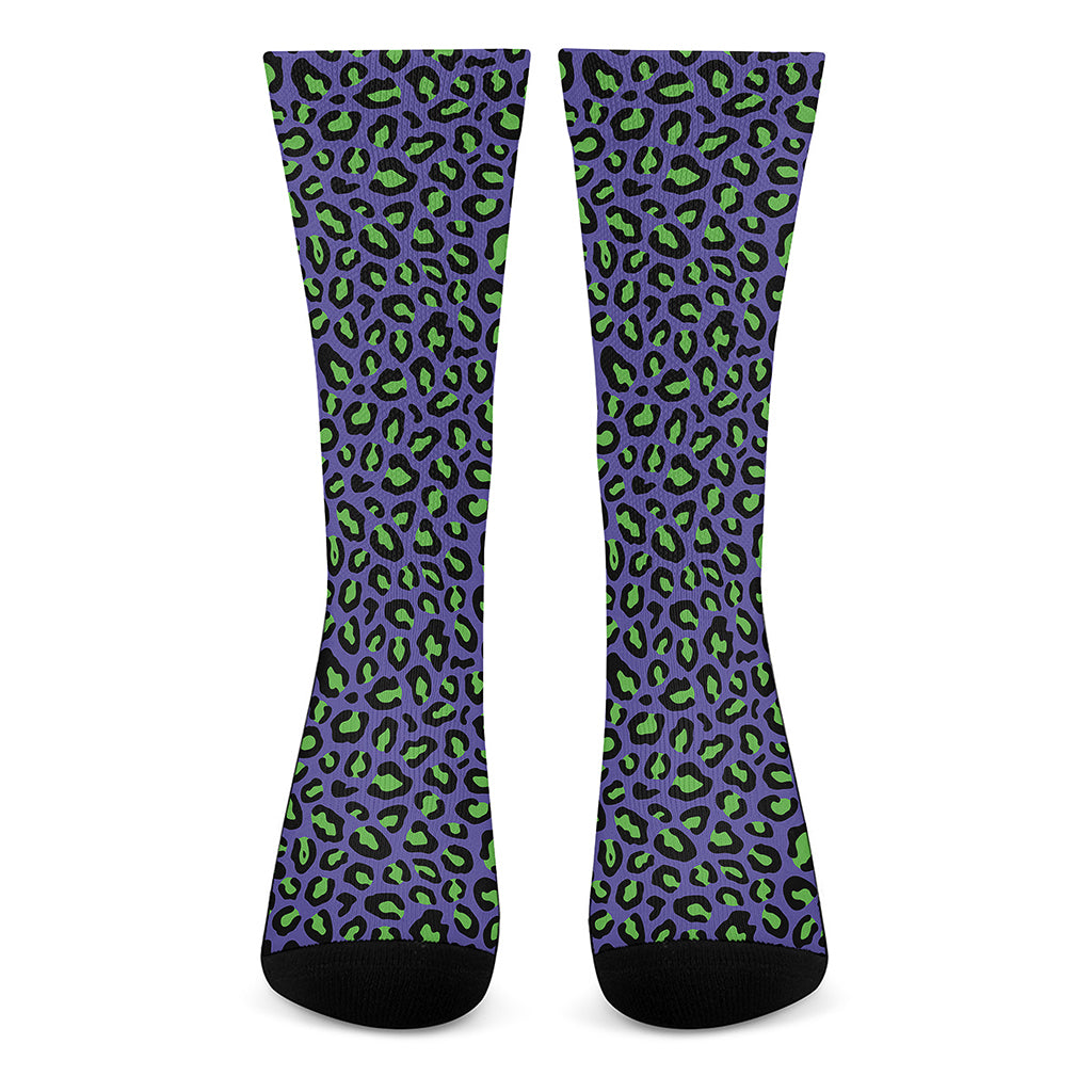 Purple And Green Leopard Pattern Print Crew Socks