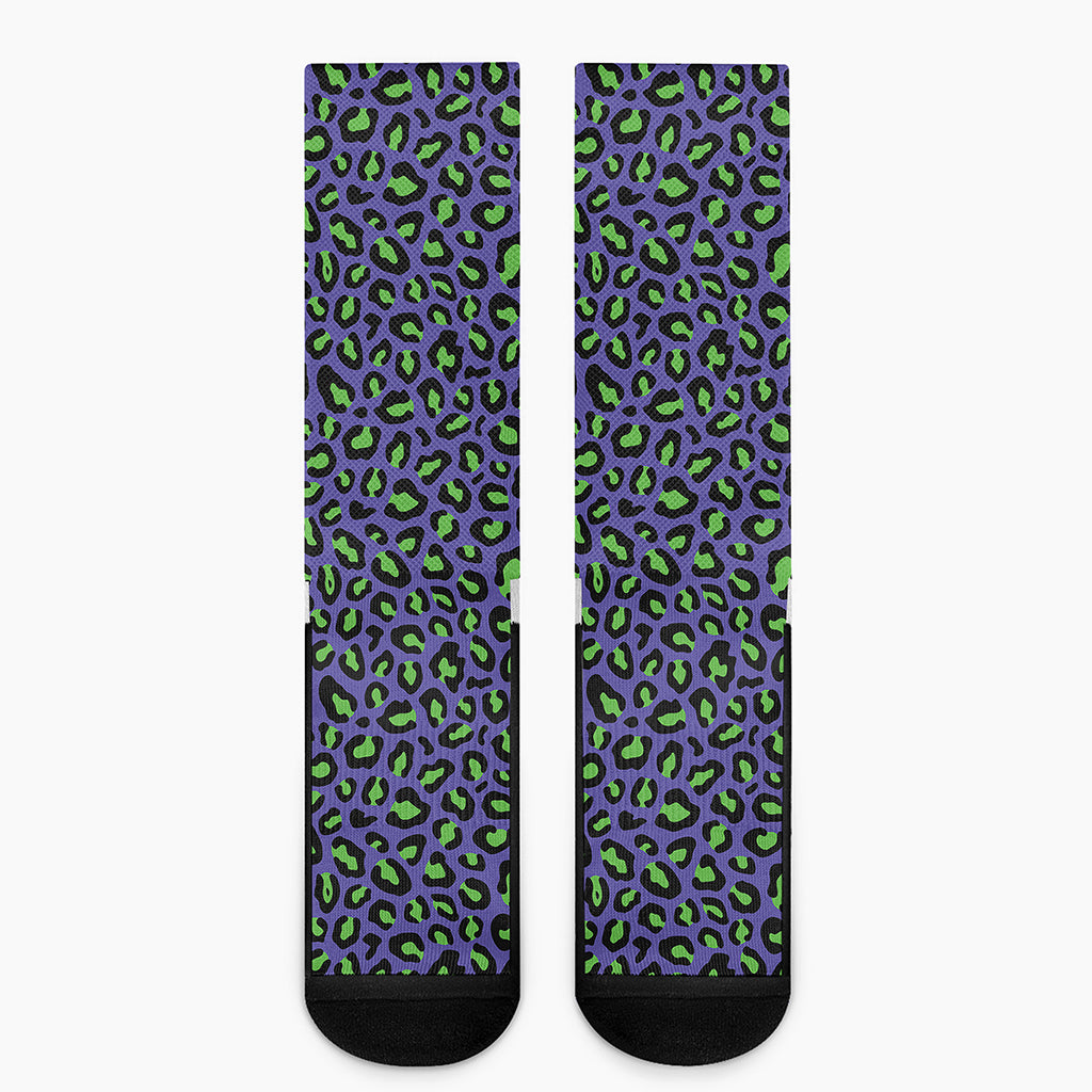 Purple And Green Leopard Pattern Print Crew Socks