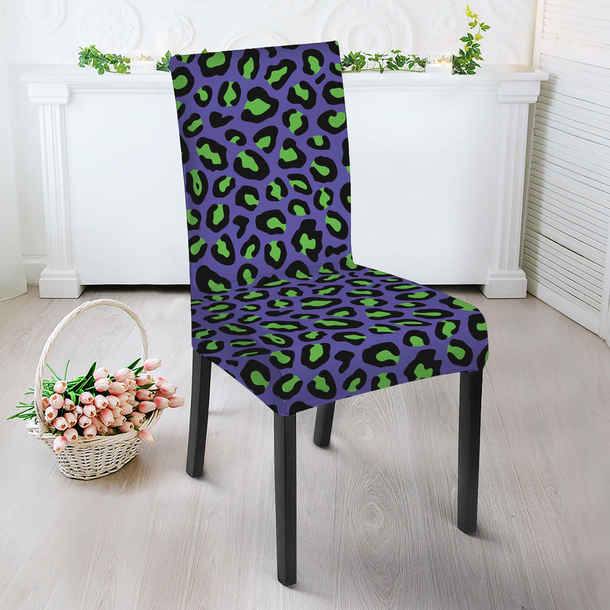 Purple And Green Leopard Pattern Print Dining Chair Slipcover