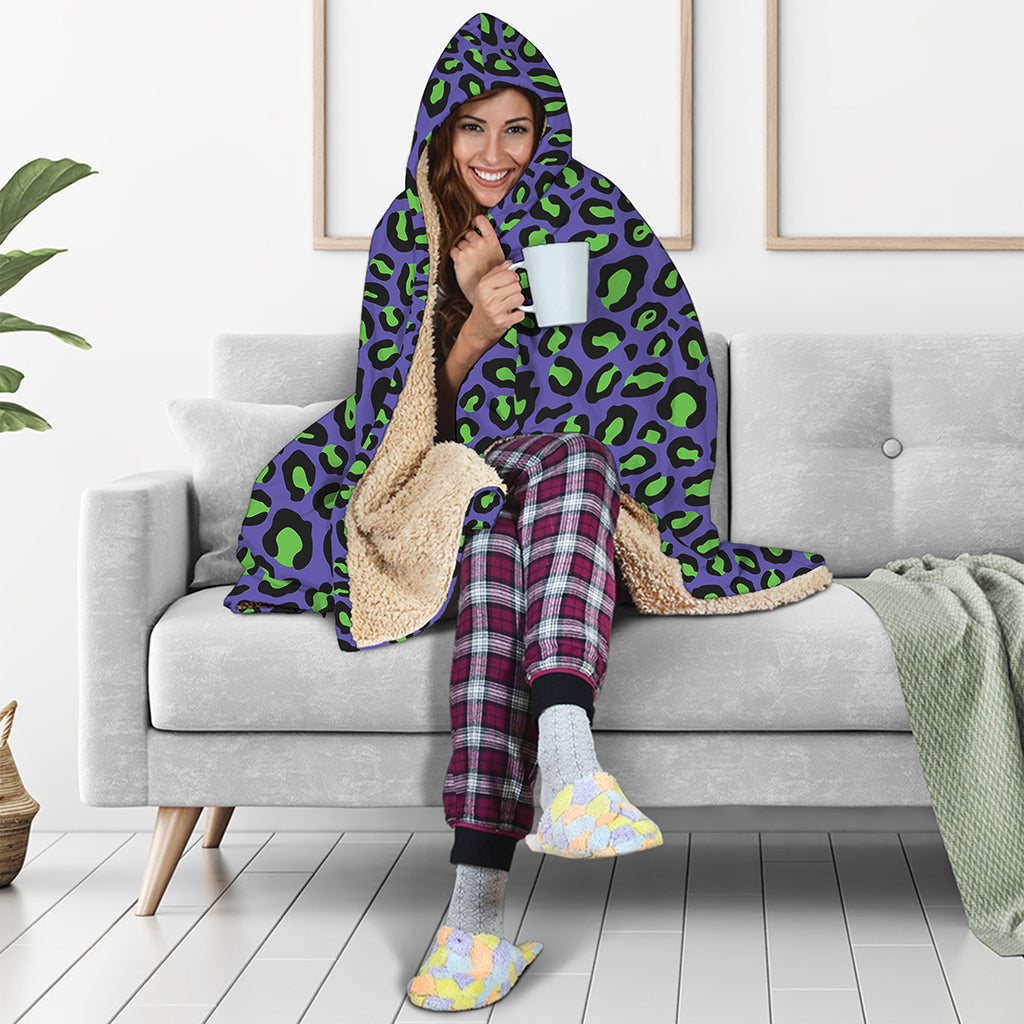 Purple And Green Leopard Pattern Print Hooded Blanket