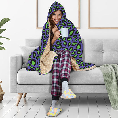 Purple And Green Leopard Pattern Print Hooded Blanket