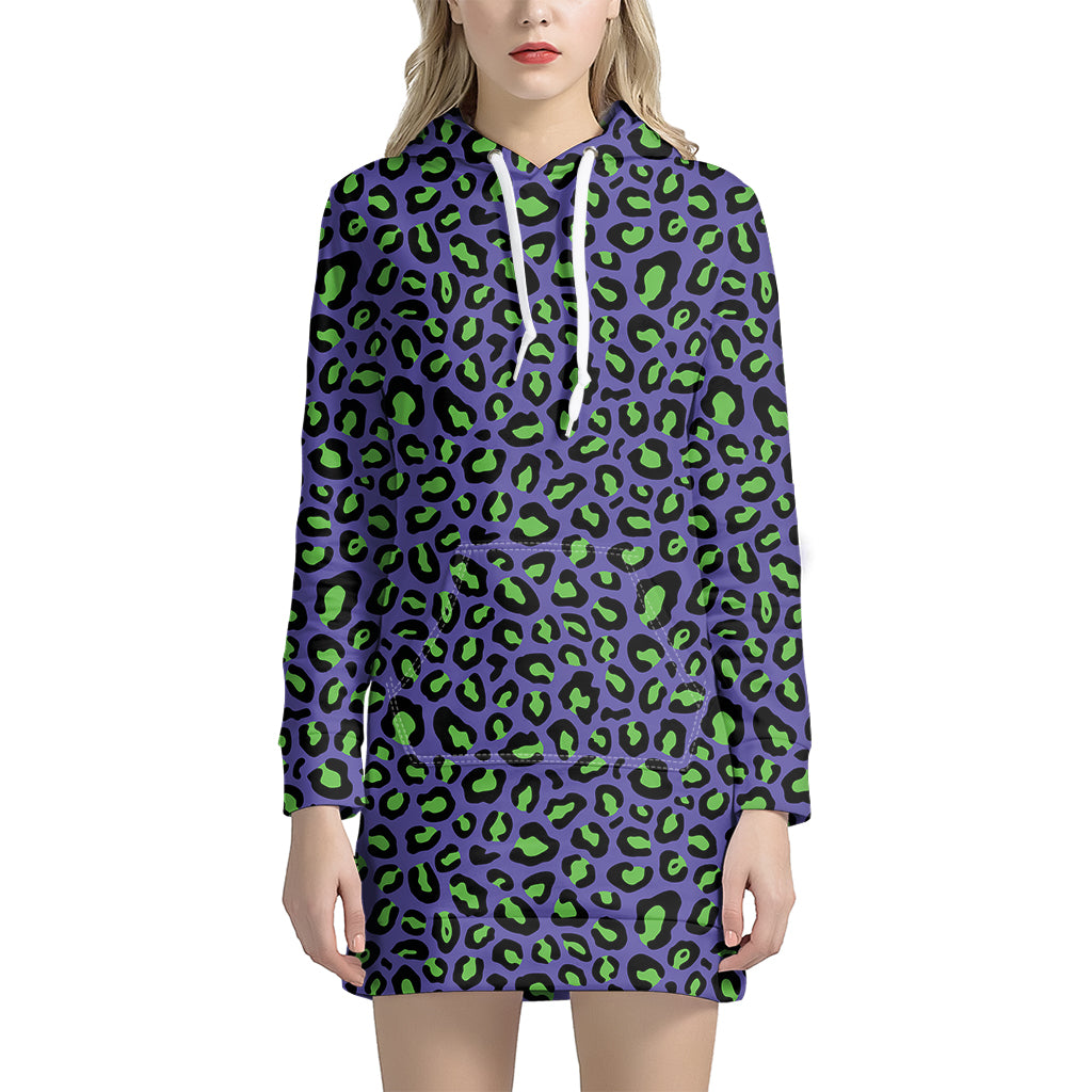 Purple And Green Leopard Pattern Print Hoodie Dress
