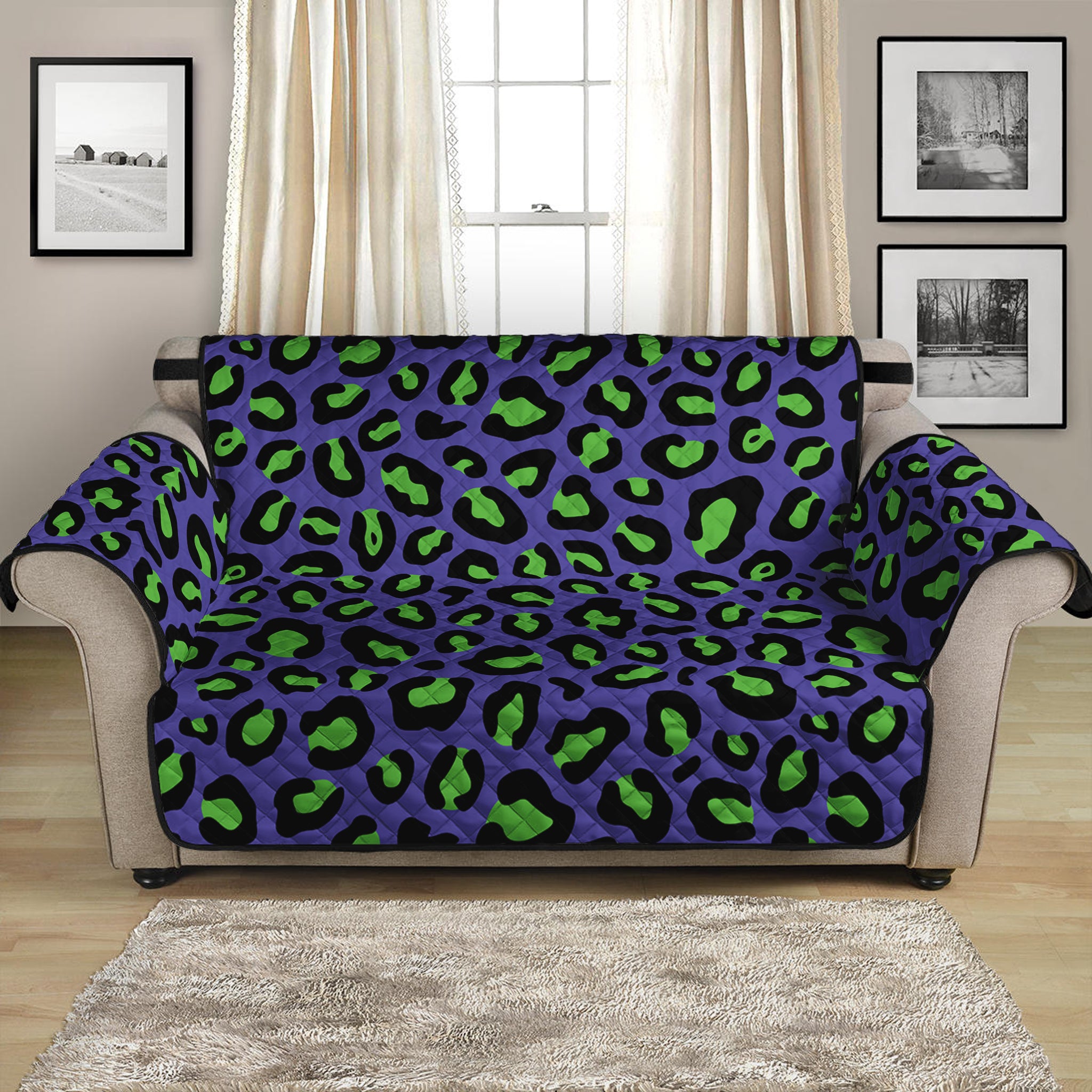 Purple And Green Leopard Pattern Print Loveseat Protector