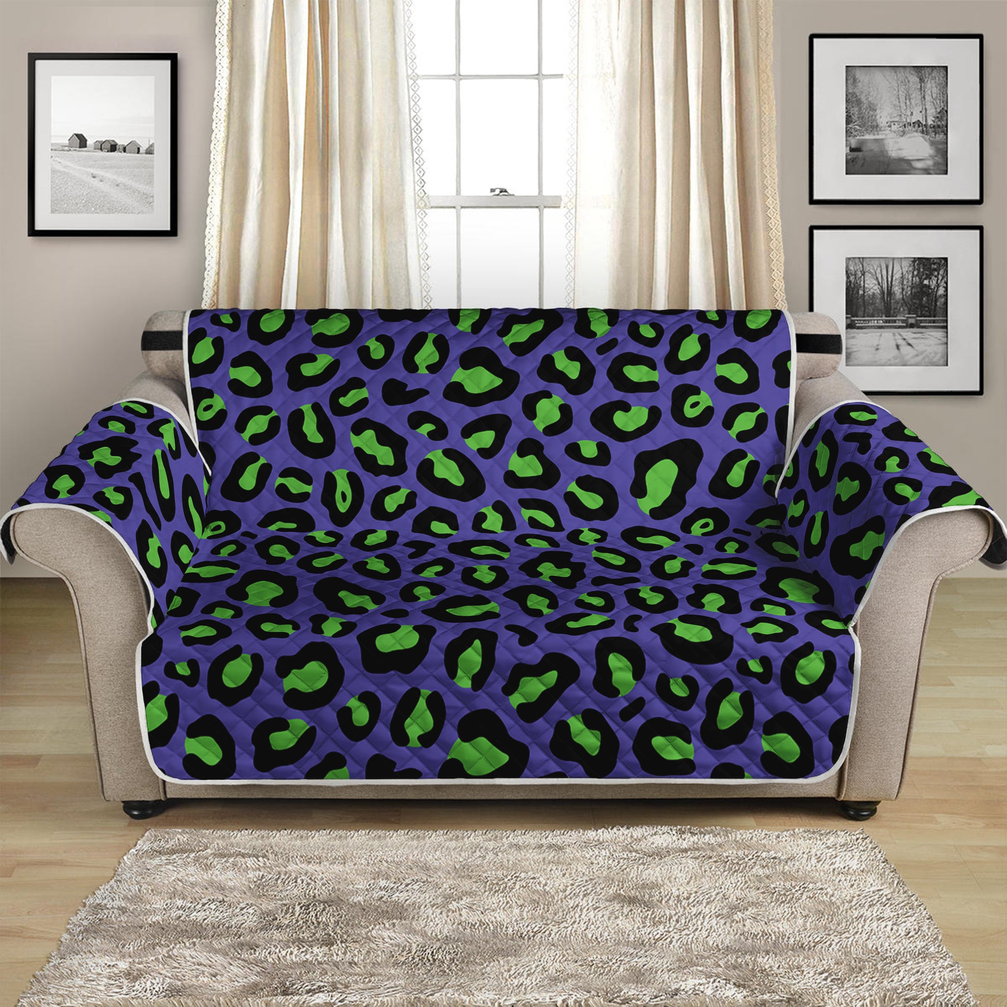 Purple And Green Leopard Pattern Print Loveseat Protector