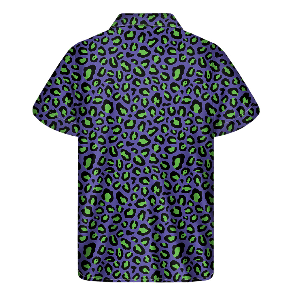 Purple And Green Leopard Pattern Print Men's Short Sleeve Shirt