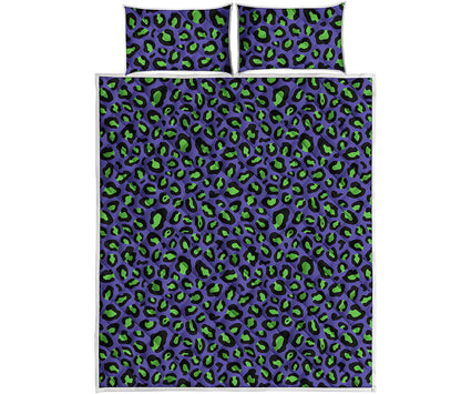 Purple And Green Leopard Pattern Print Quilt Bed Set