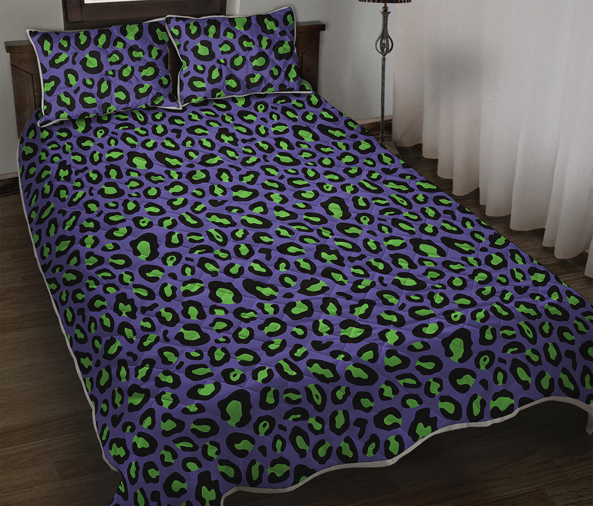 Purple And Green Leopard Pattern Print Quilt Bed Set