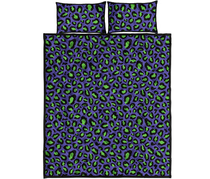 Purple And Green Leopard Pattern Print Quilt Bed Set