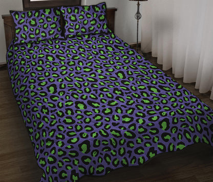 Purple And Green Leopard Pattern Print Quilt Bed Set