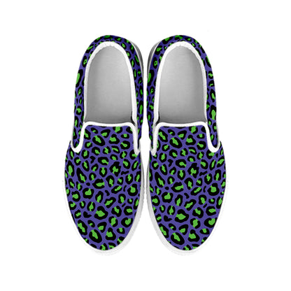 Purple And Green Leopard Pattern Print White Slip On Shoes