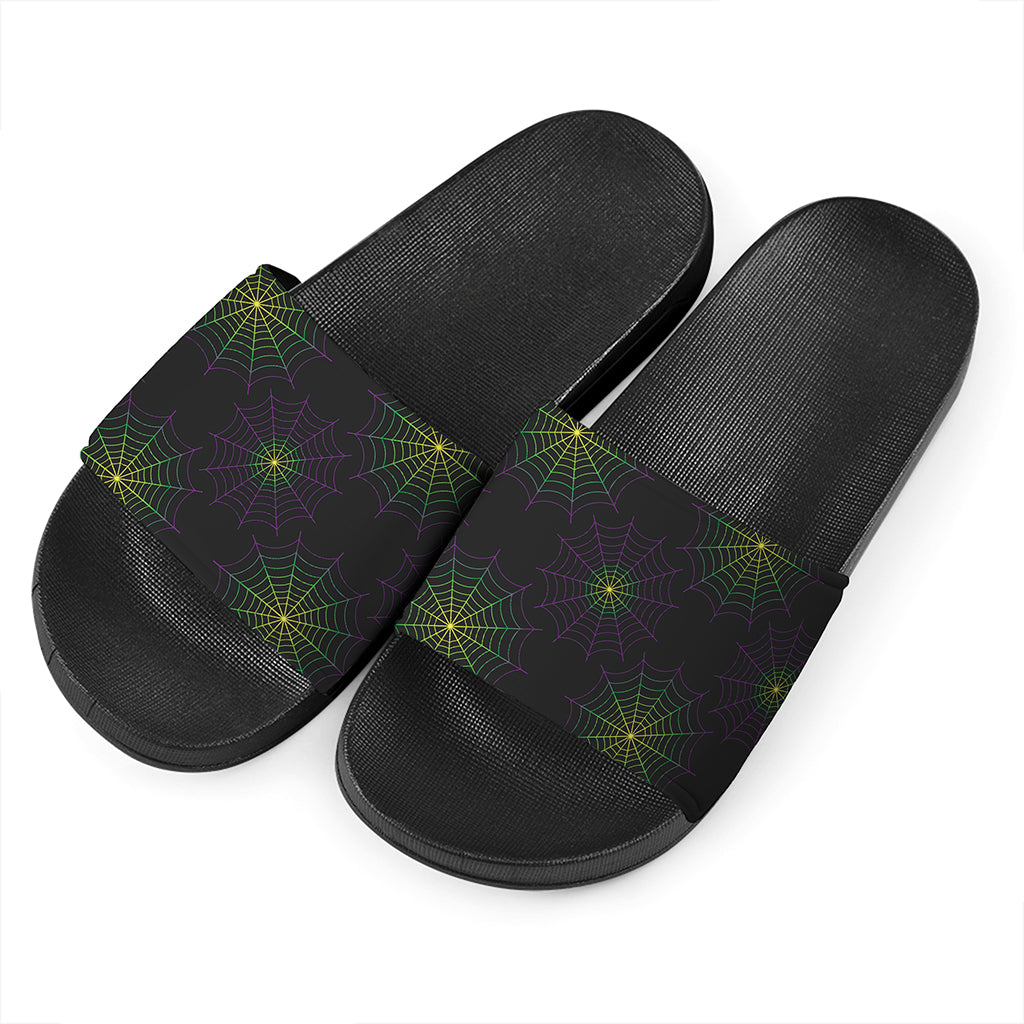 Purple And Green Spider Web Print Black Slide Sandals