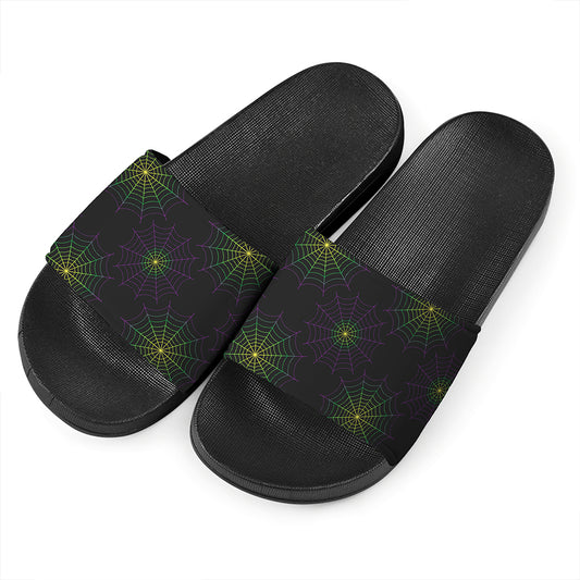 Purple And Green Spider Web Print Black Slide Sandals