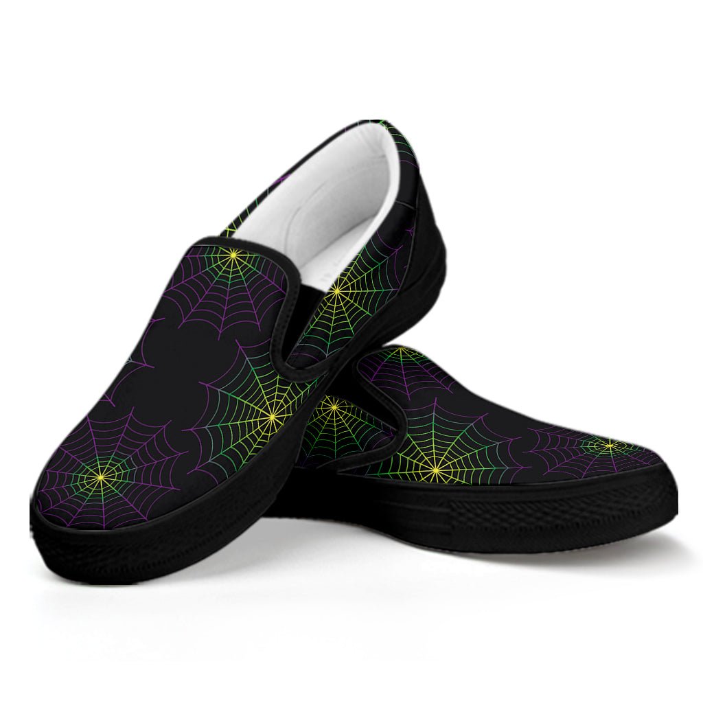 Purple And Green Spider Web Print Black Slip On Shoes