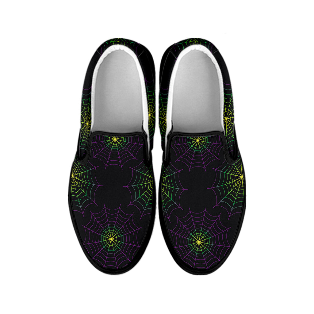 Purple And Green Spider Web Print Black Slip On Shoes