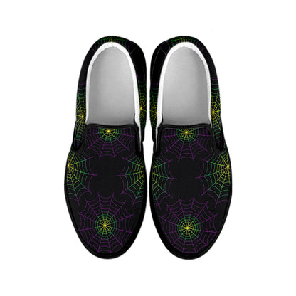 Purple And Green Spider Web Print Black Slip On Shoes