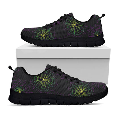 Purple And Green Spider Web Print Black Sneakers
